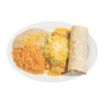 combination plate 5 with a beef burrito, cheese enchilada, beans, and rice