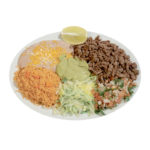 combination plate 7 with carne asada, beans, rice, guacamole, and salsa