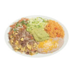 combination plate 8 with machaca, beans, rice, salsa, and guacamole