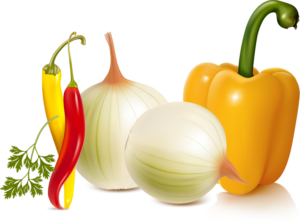 Illustration of cilantro, a yellow and red chili pepper, a yellow bell pepper, and two onions