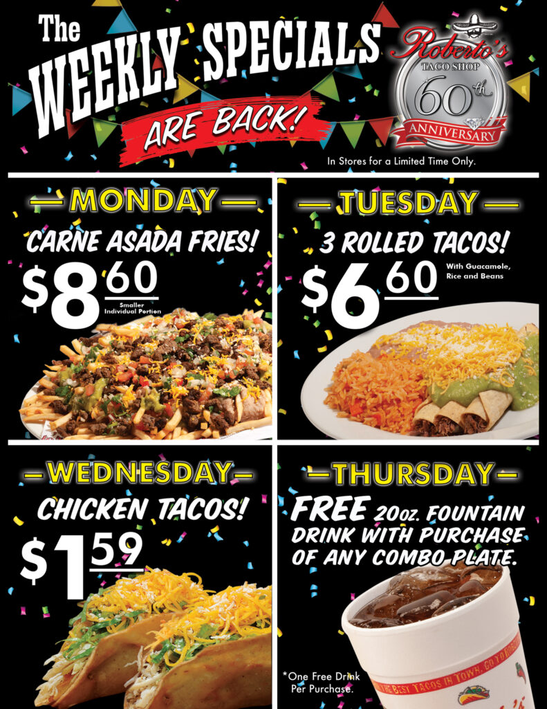 Weekly Specials flier for Roberto's Taco Shop